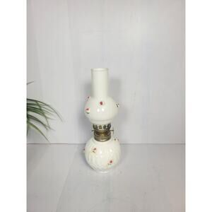 Vintage Miniature Oil Lamp, Rose Floral Milk Glass & White Chimney